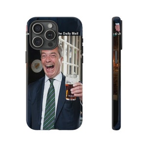 May include: A black iPhone case with a photo of a man in a suit holding a pint of beer. The text "The Daily Mail" is visible in the background.