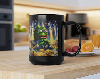 Black Mug, 15oz PEPE BITCOIN MUG tea cup flagon tankard seidel beaker stein pot dirt mud java brew cuppa go juice jitter juice morning jolt