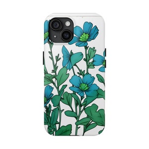 May include: A white phone case with a floral design featuring blue and green flowers. The case has a cutout for the phone's camera.