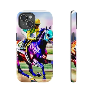 May include: A colorful phone case featuring a jockey riding a horse. The horse is a vibrant purple, blue, and pink, with a green and yellow jockey in the saddle. The background is a blurred image of a racetrack.