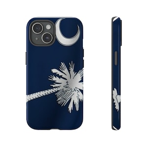 May include: A navy blue phone case featuring the South Carolina state flag. The design includes a white palmetto tree and a white crescent moon. The case is shown from the front and side.