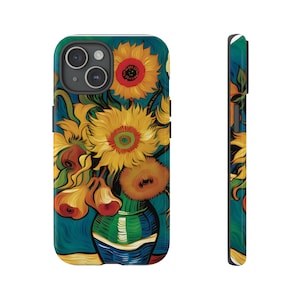 Peut inclure: Une coque de téléphone avec un design vibrant représentant un vase de tournesols, peint dans un style rappelant celui de Vincent van Gogh. Les tournesols sont jaunes avec des centres bruns, et le vase est bleu et vert.