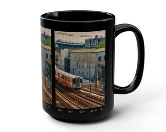Black Mug, 15oz CHICAGO BASEBALL MUG tea cup flagon tankard seidel beaker stein pot dirt mud java brew cuppa go juice jitter juice