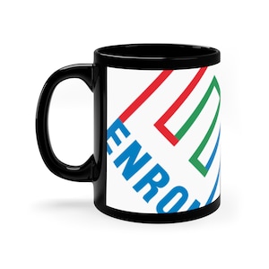 Peut inclure: Mug en céramique noire avec un motif blanc représentant le mot "ENRO" en bleu et un motif géométrique en rouge, vert et bleu.
