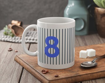 White Ceramic Mug, 11oz NUMBERED SPORTS MUG tea cup flagon tankard seidel beaker stein pot dirt mud java brew cuppa go juice jitter juice