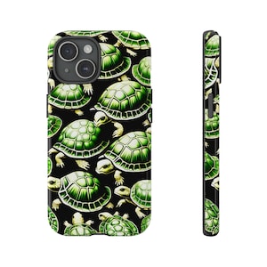 May include: Black phone case with a repeating pattern of green turtles on a black background.