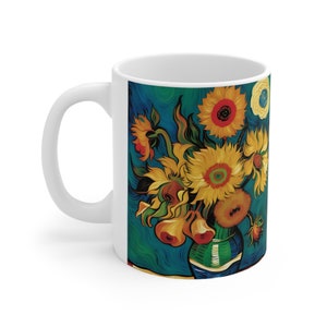 May include: White ceramic mug with a colorful image of sunflowers in a vase. The sunflowers are yellow, orange, and red, and the vase is blue and green. The background is a swirling blue and green pattern.