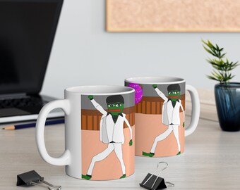White Ceramic Mug, 11oz PEPE DISCO MUG tea cup flagon tankard seidel beaker stein pot dirt mud java brew cuppa go juice jitter juice