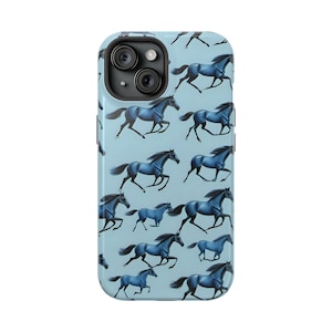 May include: A blue phone case with a repeating pattern of dark blue horses running on a light blue background.