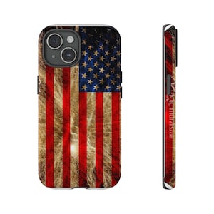 May include: A phone case with a distressed American flag design. The flag is red, white, and blue with a faded, worn look. The case is black and has a cutout for the phone's camera.