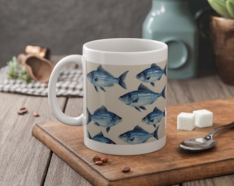 White Ceramic Mug, 11oz FISH COFFEE MUG tea cup flagon tankard seidel beaker stein pot dirt mud java brew cuppa go juice jitter juice