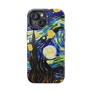 May include: A phone case with a blue and yellow starry night painting design. The case has a cutout for the camera lens.