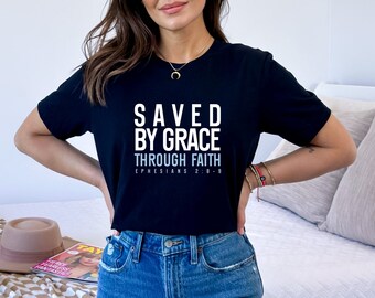 T-shirt sauvé par grâce grâce à la foi, col rond verset biblique, chemise pour mamans pieuses, tenue d'église, chemise foi, vêtements chrétiens, vêtements chrétiens