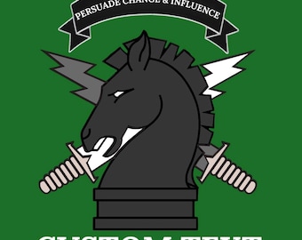 May include: A green graphic design featuring a black horse head, crossed swords, and lightning bolts. A banner above reads "PERSUADE CHANGE & INFLUENCE", and the text "CUSTOM TEXT" is below. The design is bold and graphic.