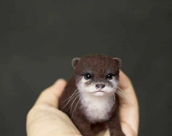 Miniature lifelike otter soft sculpture from wool in needle felting technique, handmade, OOAK