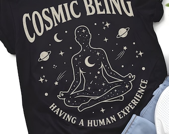 Koszulka z nadrukiem „Cosmic Being Human Experience”, koszulka z motywem świadomości, koszulka do medytacji duchowej, niebiański styl boho