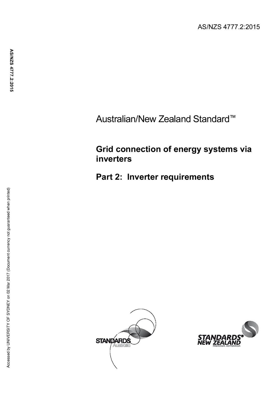 Australian New Zealand Standard: Grid Connection of Energy Systems via ...