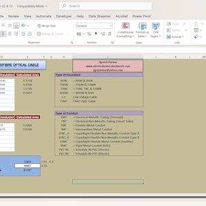 Conduit Size Design | Electrical Wires & LT/CAT-5/Fiber Cable | Excel Spreadsheet