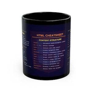 May include: Black ceramic coffee mug with an HTML Cheatsheet design. The mug features a dark blue background with orange and white text detailing HTML content structure elements. A perfect gift for web developers.