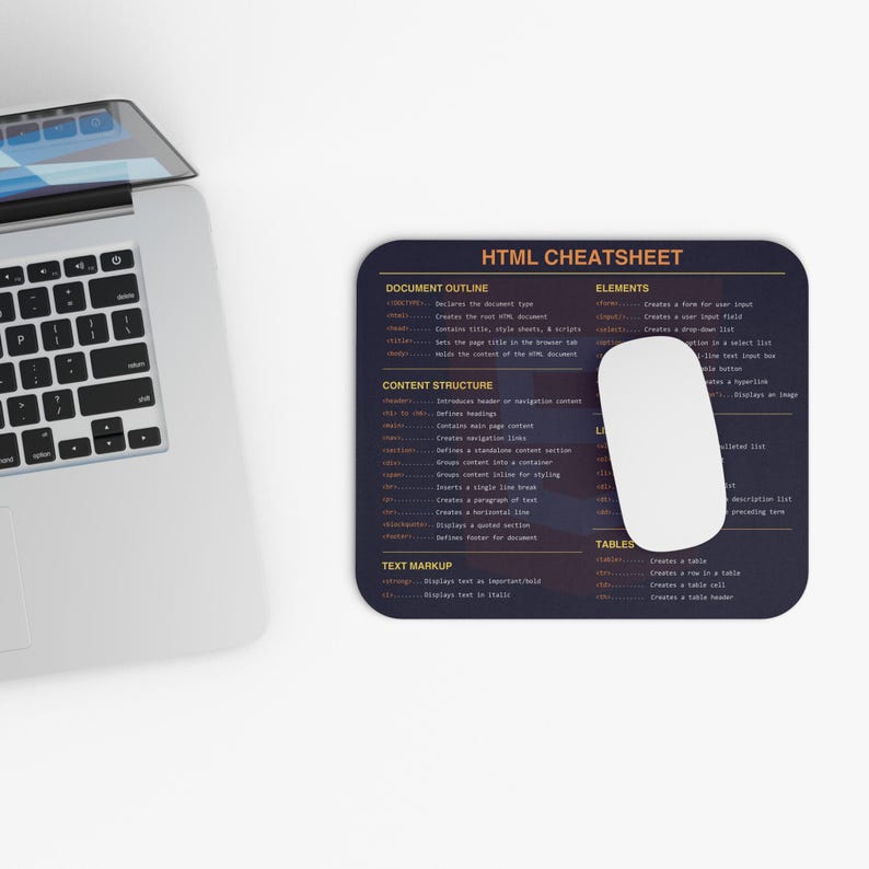 HTML Cheatsheet Mousepad | Beginner Web Developer Desk Accessory ...