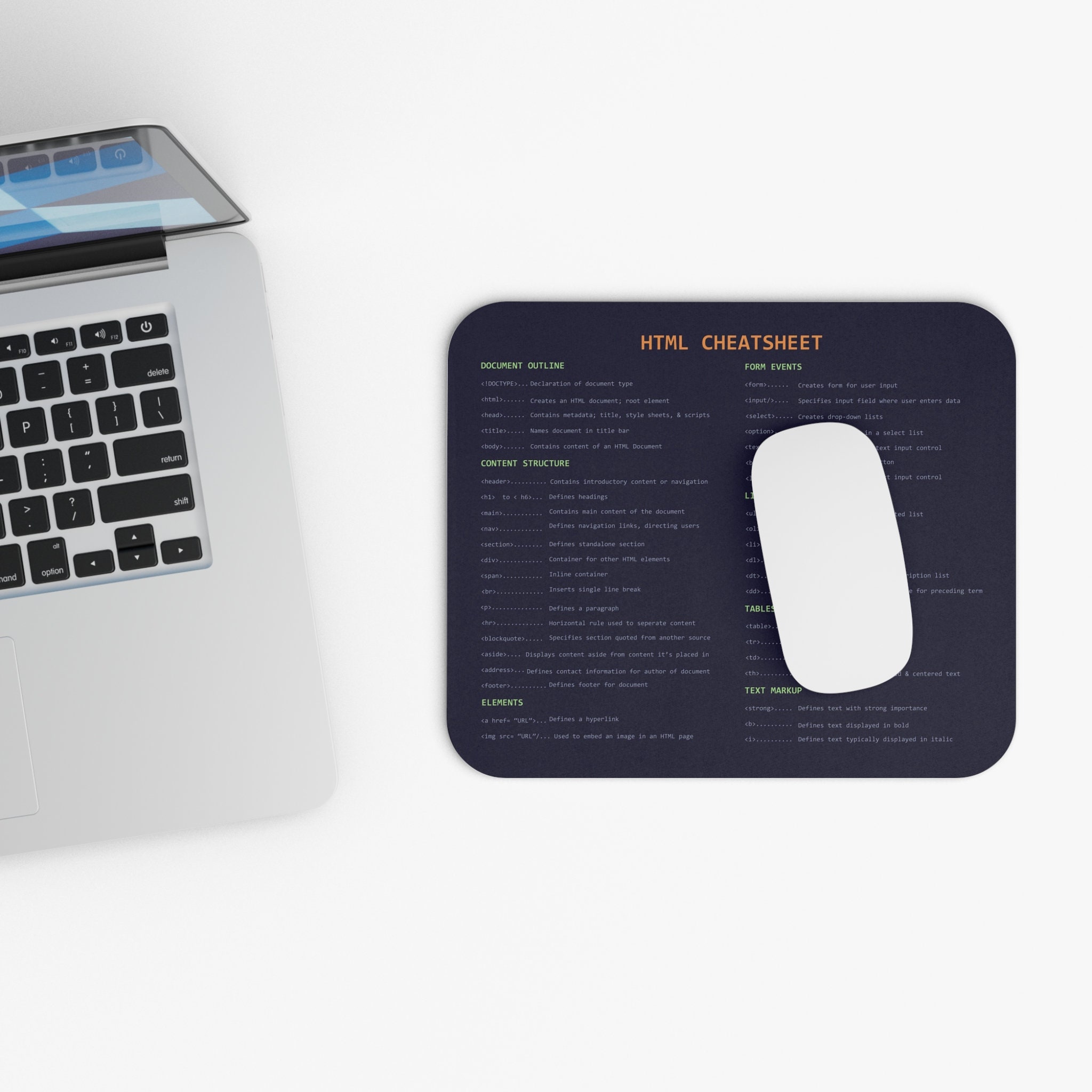 HTML Cheatsheet Mouse Pad - Web Developer Desk Accessory - Programming ...