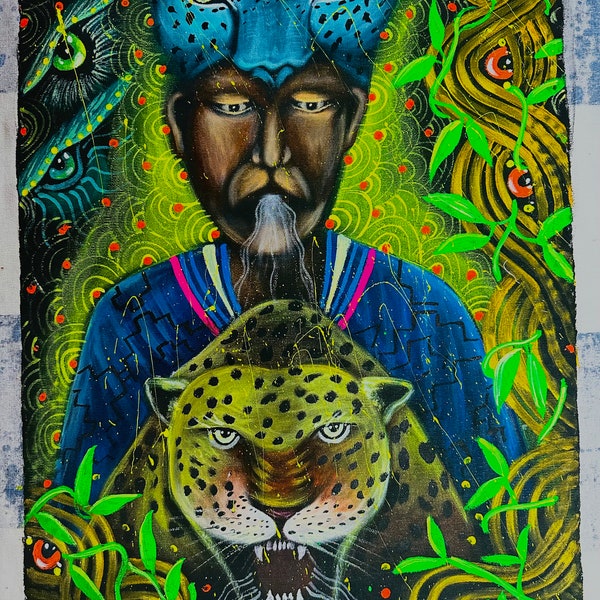 Ceremonial painting, shaman with jaguar totem inspired by Shipibas ceremonies of shamans' master liana - 40cm x 48cm