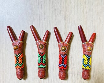 Kuripe in Shipibo style made of Palisangre wood, with storage container - Sacred Applicator with Tiger's Eye and sacred geometry