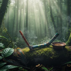 May include: A decorative smoking pipe with a V-shape and a colourful design, placed on a moss-covered log in a forest. A small wooden bowl and a feather are also present. Smoke rises in the background, with sunlight filtering through the trees.