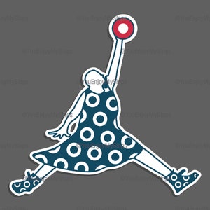 May include: A sticker depicting a figure in a blue polka-dot dress, leaping towards a red and white circle. The figure's shoes are also patterned with polka dots. The background is a solid grey.