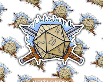 May include: A sticker featuring a tan twenty-sided die with the number 20. Two crossed swords and blue flames surround the die. The text "NOVEL & NOOK" is at the bottom.
