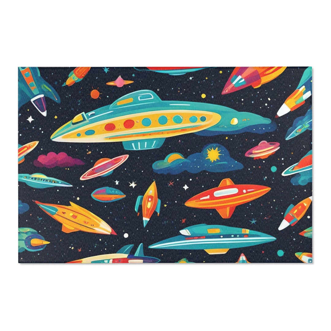 Colorful Spaceships and Rockets Rug With 50s Vibe Fun Area Rug for Kids ...