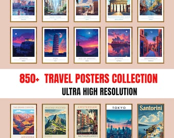 May include: A collection of framed travel posters featuring iconic landmarks from around the world. The posters showcase destinations like London, New York, Paris, and Tokyo, with the text "850+ TRAVEL POSTERS COLLECTION ULTRA HIGH RESOLUTION."