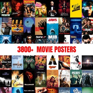 May include: A collage of film posters, such as "Predator," "Pulp Fiction," and "The Godfather." The image displays a grid of movie posters, with the text "3800+ MOVIE POSTERS" in red.