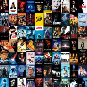 May include: A collection of film posters arranged in a grid. The selection includes iconic movies such as "Pulp Fiction," "The Shining," "Jaws," and "Halloween." The posters are a mix of genres and eras, offering a diverse range of cinematic experiences.