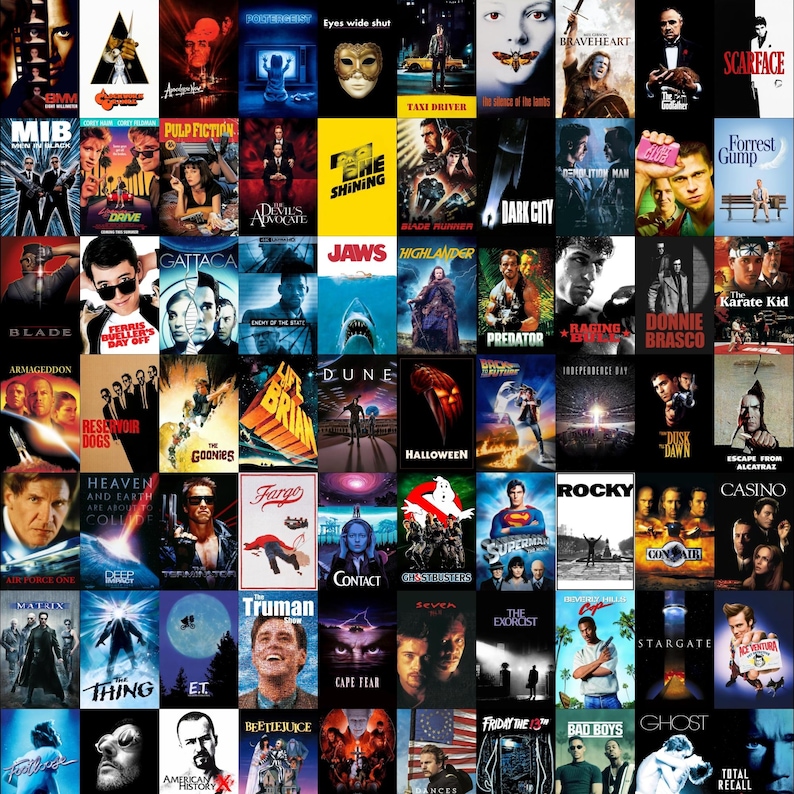 May include: A collection of film posters arranged in a grid. The selection includes iconic movies such as "Pulp Fiction," "The Shining," "Jaws," and "Halloween." The posters are a mix of genres and eras, offering a diverse range of cinematic experiences.