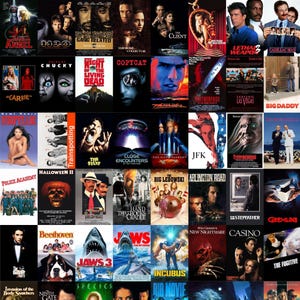 May include: A collage of movie posters featuring various films. Titles include "Angel", "H20", "Gang Related", "The Bone Collector", "The Client", "Carrie", "Chucky", "Night of the Living Dead", "Copycat", and "Thunder". Other titles include "Jaws", "Casino", and "The Fugitive".