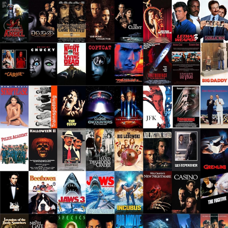 May include: A collage of movie posters featuring various films. Titles include "Angel", "H20", "Gang Related", "The Bone Collector", "The Client", "Carrie", "Chucky", "Night of the Living Dead", "Copycat", and "Thunder". Other titles include "Jaws", "Casino", and "The Fugitive".