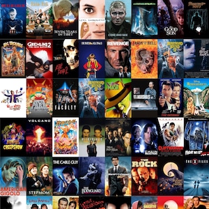 May include: A collage of movie posters, including titles like "Hellraiser," "Gremlins 2," "Home Alone," and "The Rock." The posters feature various actors and movie themes, with a mix of action, horror, and comedy genres.