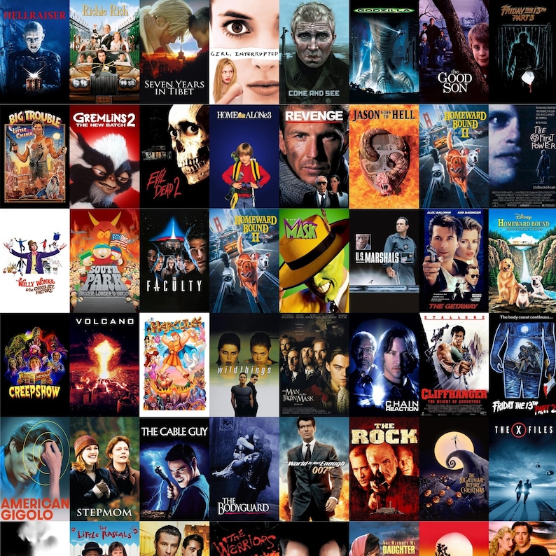 May include: A collage of movie posters, including titles like "Hellraiser," "Gremlins 2," "Home Alone," and "The Rock." The posters feature various actors and movie themes, with a mix of action, horror, and comedy genres.