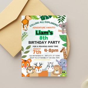Pode incluir: Um convite colorido para uma festa de aniversário com animais da selva e o texto "8º Aniversário de Liam". O convite inclui a data, hora e informações de RSVP. O design apresenta um macaco, um coala, uma girafa, um tigre, um veado, uma zebra, um leão, um elefante e um sapo.