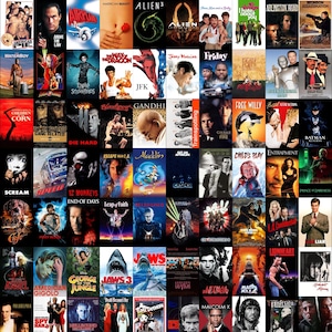 May include: A collection of film posters, including titles such as "American Beauty," "Die Hard," "Jaws 3," and "Aladdin." The posters are diverse in style and colour, representing various genres from action to comedy and drama.
