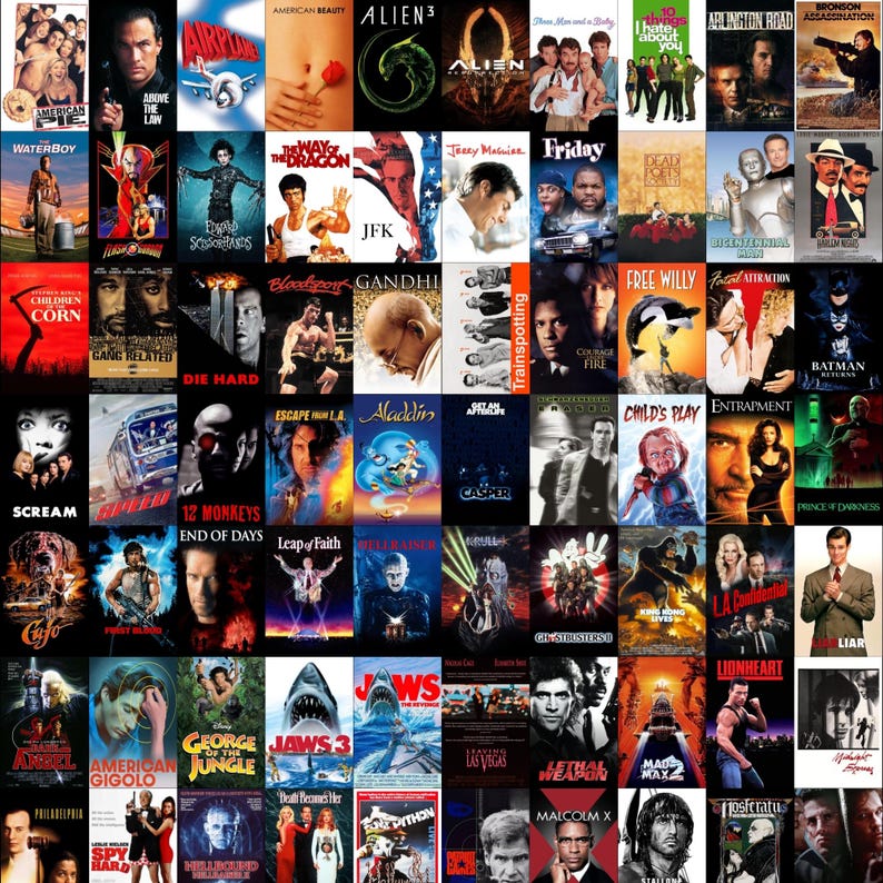 May include: A collection of film posters, including titles such as "American Beauty," "Die Hard," "Jaws 3," and "Aladdin." The posters are diverse in style and colour, representing various genres from action to comedy and drama.