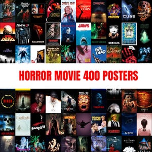 Puede incluir: Una colección de carteles de películas de terror, con títulos como "Carrie", "Jaws" y "Child's Play". Los carteles están dispuestos en una cuadrícula, con el texto "HORROR MOVIE 400 POSTERS" en rojo en el centro. La imagen muestra una variedad de películas de terror clásicas y modernas.