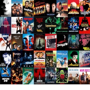May include: A collection of movie posters, including titles like "Goodfellas," "Face/Off," "Dawn of the Dead," and "Amelie." The posters feature various actors and film genres, from action to drama and horror.