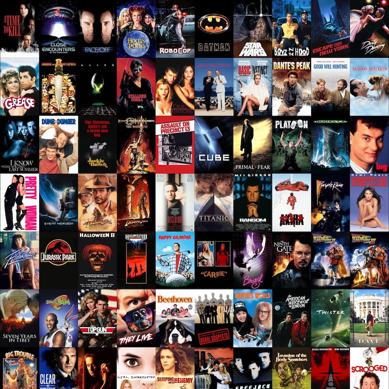 May include: A collection of film posters, featuring titles such as "Grease," "Batman," "Titanic," and "Jurassic Park." The posters display diverse colours and designs, representing various genres from action to romance. This is a visual display of classic movies.