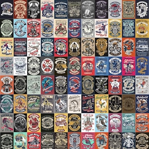 May include: A collection of vintage-style graphic designs on a variety of themes, including motorcycles, sports, and retro imagery. Each design features bold colors and text, creating a collage of unique illustrations.