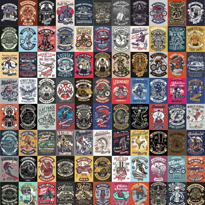 May include: A collection of vintage-style graphic designs on a variety of themes, including motorcycles, sports, and retro imagery. Each design features bold colors and text, creating a collage of unique illustrations.