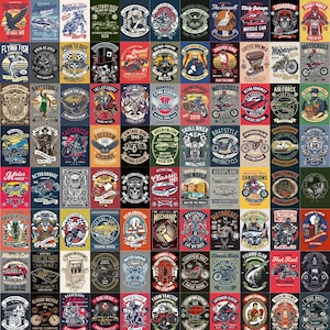 May include: A collection of vintage-style motorcycle and automotive-themed posters. Each poster features bold graphics, text, and illustrations, including skulls, motorcycles, cars, and various slogans. The color palette includes red, blue, yellow, and black.