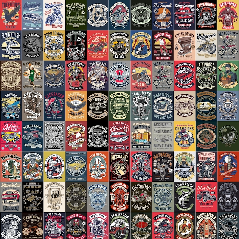 May include: A collection of vintage-style motorcycle and automotive-themed posters. Each poster features bold graphics, text, and illustrations, including skulls, motorcycles, cars, and various slogans. The color palette includes red, blue, yellow, and black.