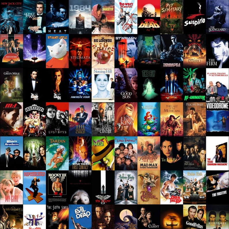 May include: A collection of film posters, including titles such as "New Jack City", "Heat", "The Green Mile", "The Fly", "The Lion King", and "Goodfellas". The posters are displayed in a grid arrangement, showcasing a range of movie genres.